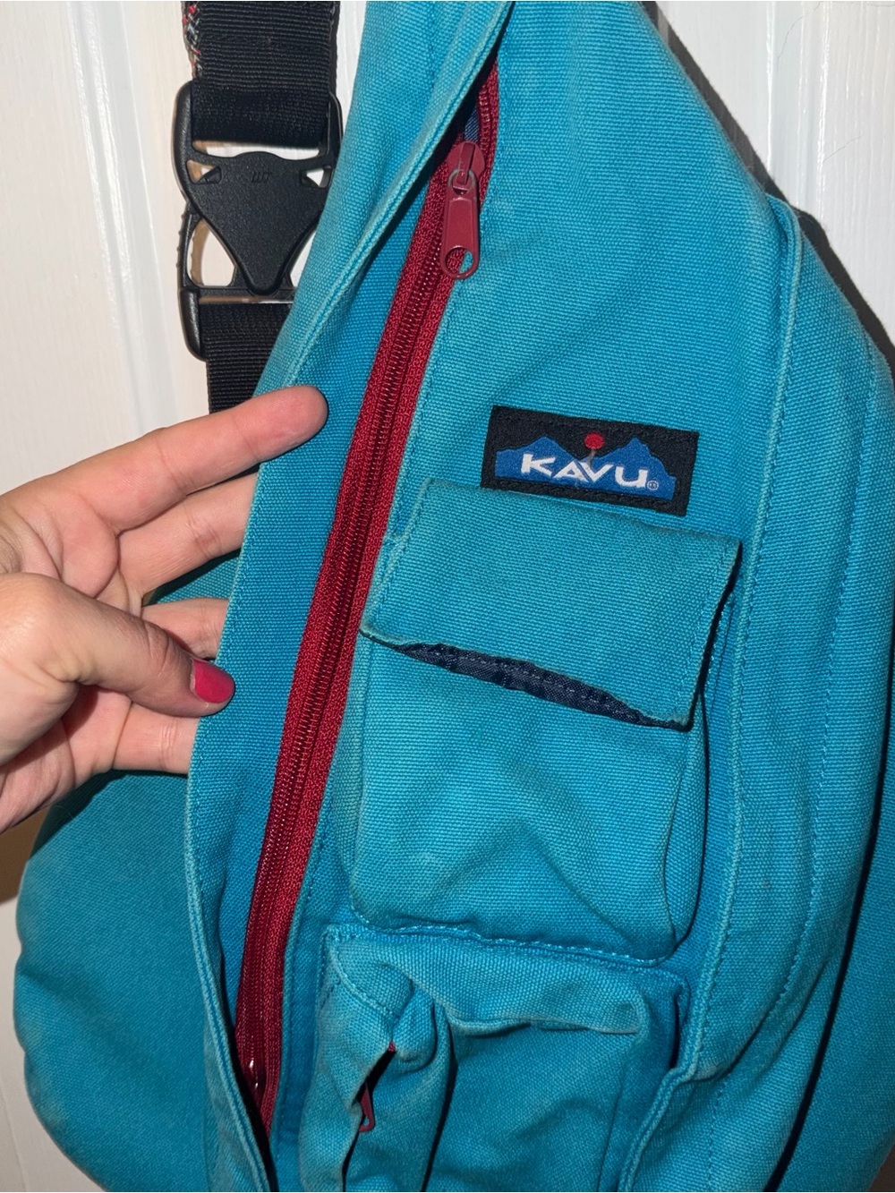 Kavu Teal Sling Belt Bag with Patterned Strap